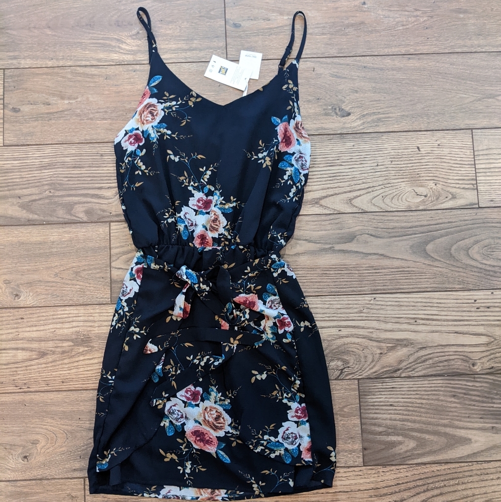 Floral Black Sleeveless Tie-Waist Dress